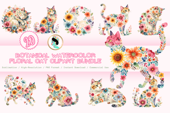 Download Botanical Floral Cat Clipart Bundle PNG - Clipart Collection