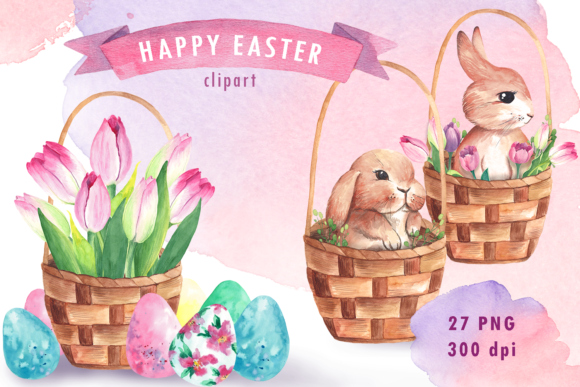 Download Watercolor Easter Bunny Basket Clipart - Clipart Collection