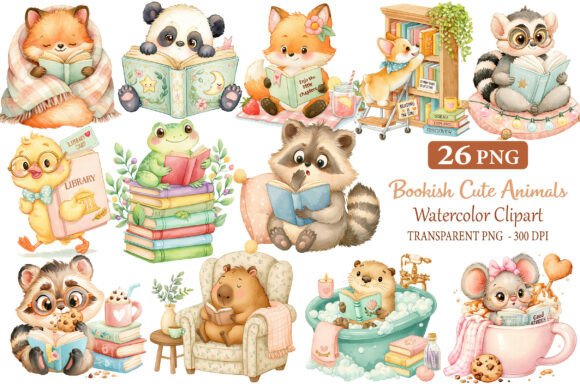 Download Bookish Cute Animals Watercolor Cliparts - Clipart Collection
